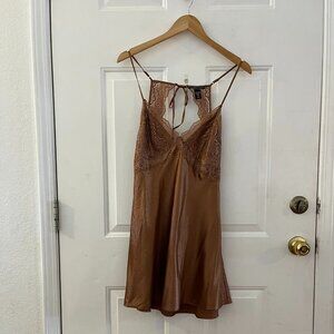 Victoria's Secret Brown Melic Satin Floral Lace Night Gown/Slip Dress Sz Lr